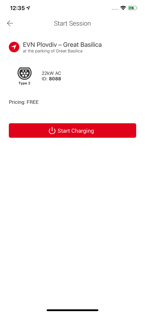 EVN2GO - Interfaccia dell'app mobile EVN2GO per avviare una sessione di ricarica per veicoli elettrici presso una stazione specifica