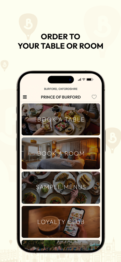 Butcombe - Butcomeアプリのホーム画面がiPhoneに表示され、テーブル予約、部屋予約、サンプルメニューの表示、ロイヤリティクラブへの参加などのオプションが表示されています。