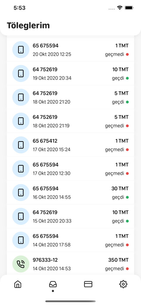 TMCELL Töleg - A screen showing a list of mobile payment transactions with phone numbers, amounts in TMT, and success or failure status markers.