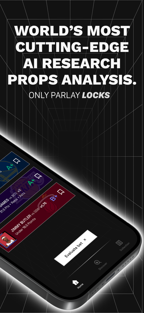 PropGPT mobile app screen showing AI research and grades for player prop bets and parlay locks