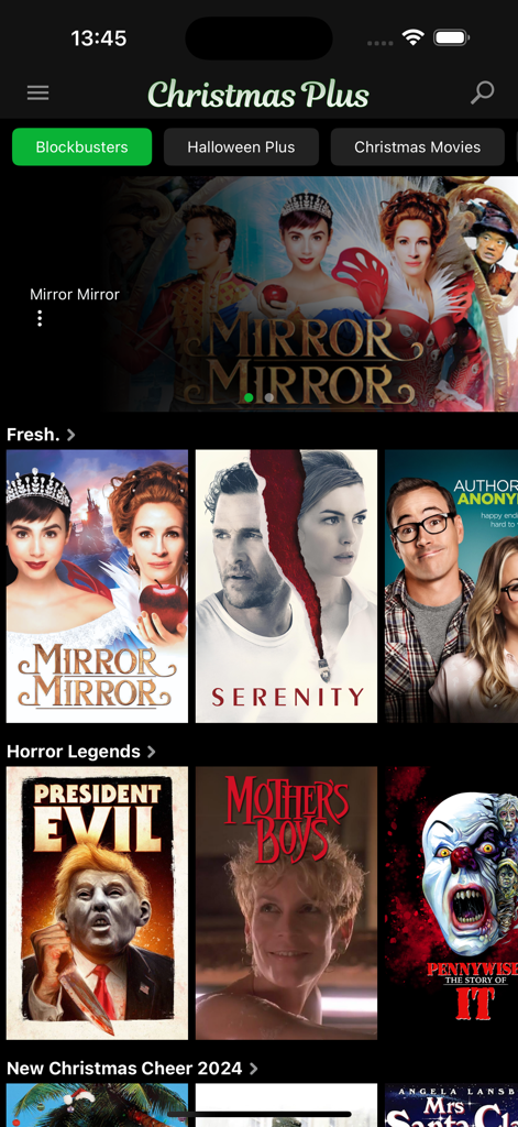 Christmas Plus - The home screen of the Christmas Plus streaming app displaying movie titles and categories