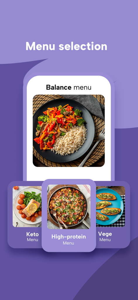 Schermata di selezione del menu dell'app Fitatu con piani alimentari dietetici come Keto e Iperproteico