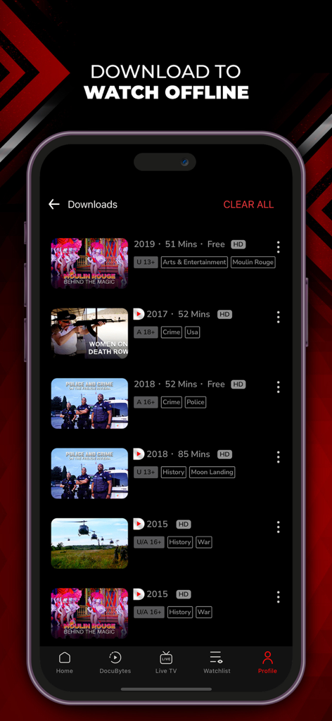 DocuBay - Watch Documentaries - DocuBay App-Bildschirm mit einer Liste von Dokumentationen, die für die Offline-Wiedergabe heruntergeladen wurden
