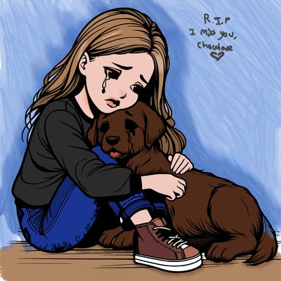 realistic girl crying with a realistic dog laying on her lap