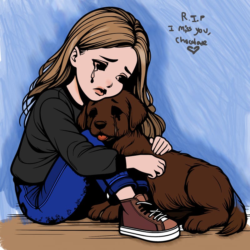 realistic girl crying with a realistic dog laying on her lap