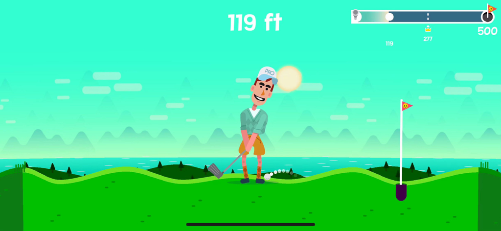 A cartoon golfer swinging a club on a green course in Golf Orbit