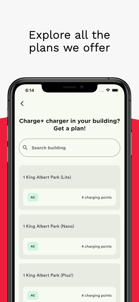 CHARGE+ - CHARGE+ app screen displaying residential EV charging subscription plans