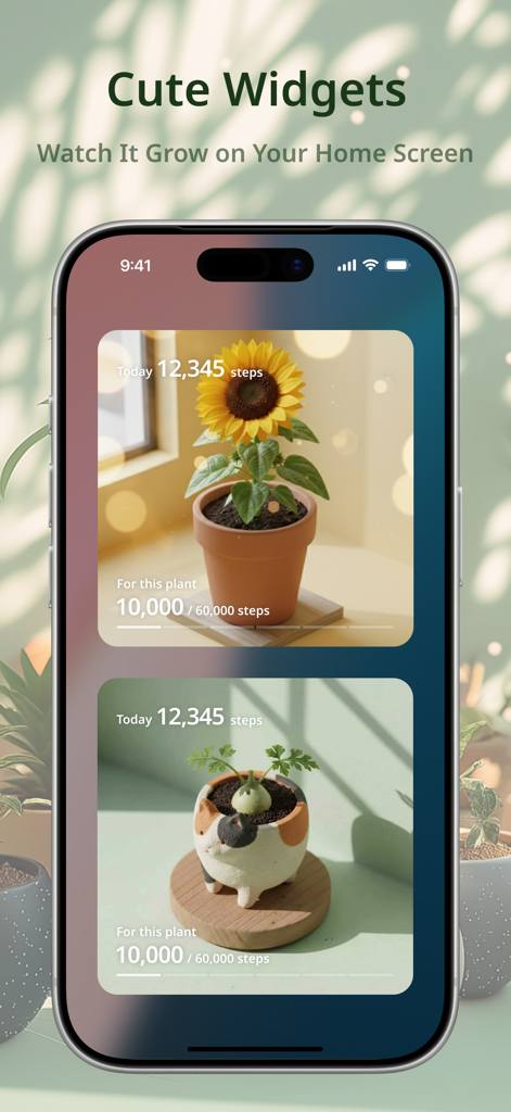 PixelPot: Step Tracker Garden - Un écran de smartphone affichant deux widgets de suivi de pas esthétiques avec des plantes pixelisées en croissance et des barres de progression.