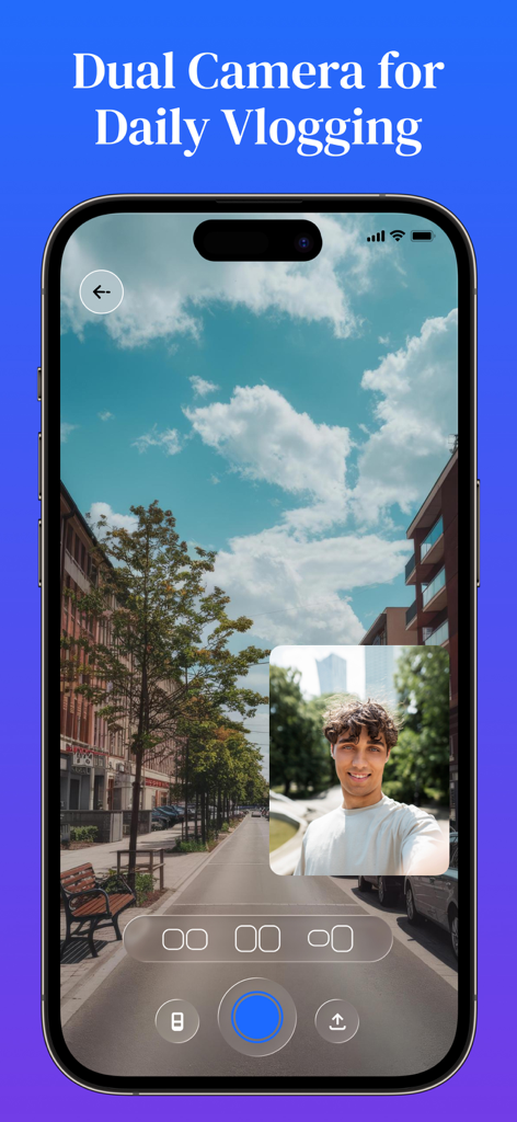 QuickTools Media & Files - iPhone screen showing the dual camera vlogging feature with front and back camera views in the QuickTools app.