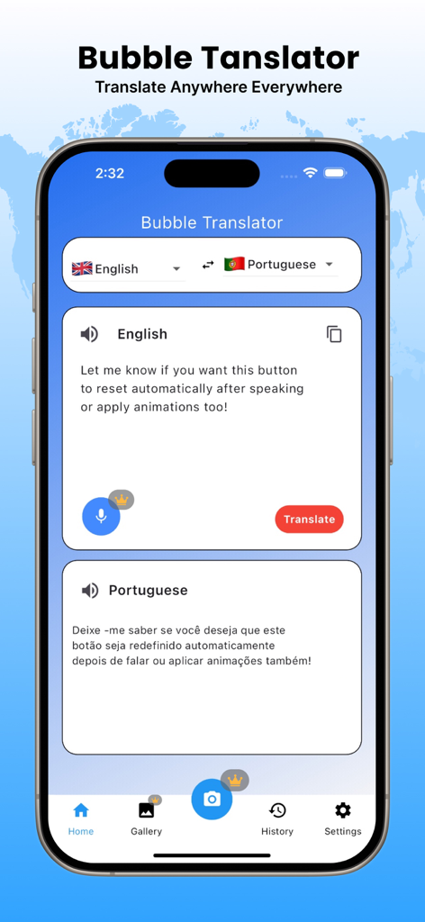 Bubble Translator - Bubble Translator mobile app screen displaying a text translation from English to Portuguese on an iPhone