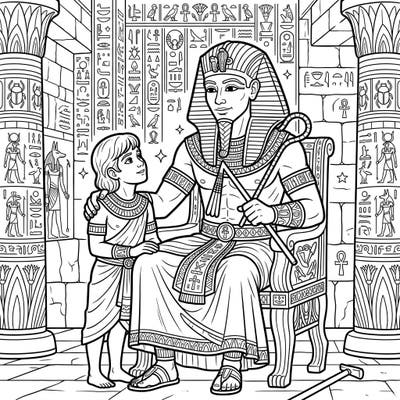 Celebrate Father's Day with a unique trip to ancient Egypt, featuring a powerful pharaoh and his adoring son. This intricate coloring page captures the timeless bond of fatherhood amidst historical wonders.