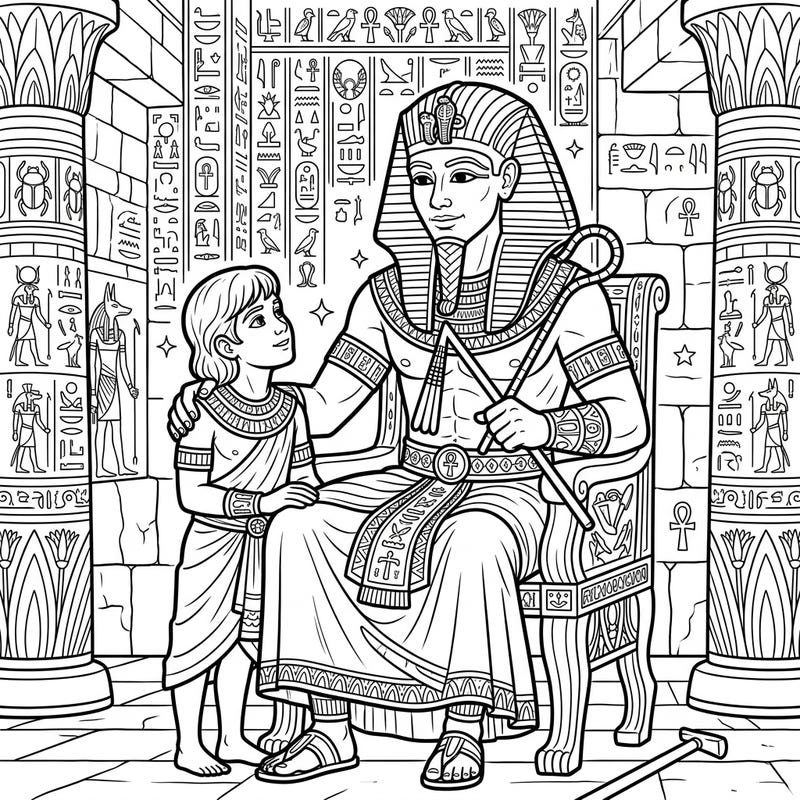 Celebrate Father's Day with a unique trip to ancient Egypt, featuring a powerful pharaoh and his adoring son. This intricate coloring page captures the timeless bond of fatherhood amidst historical wonders.