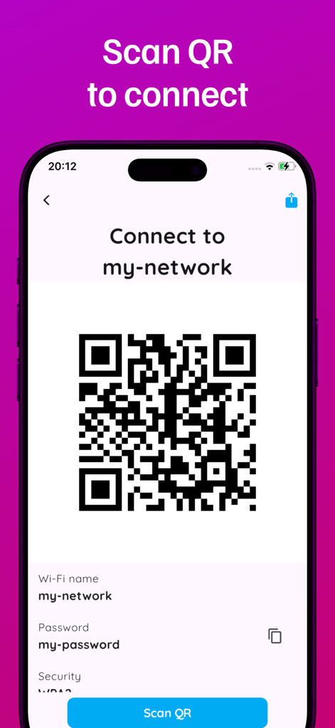 Mobile app screen displaying a QR code to connect to a Wi-Fi network