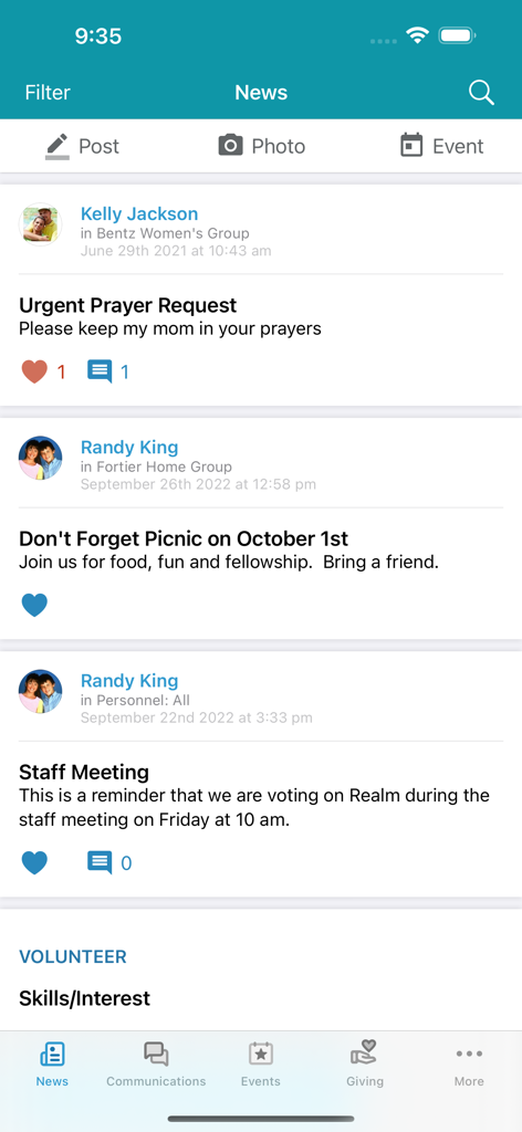 Realm Connect - For Our Church - The news feed screen of the Realm Connect app showing community posts and church prayer requests