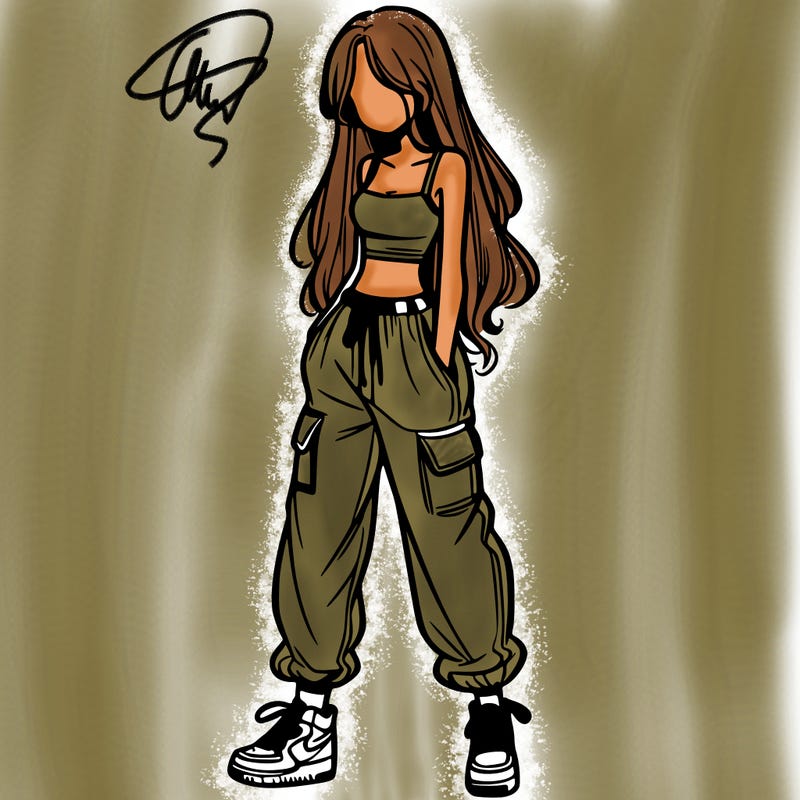 girl in baggy pants crop top and long hair