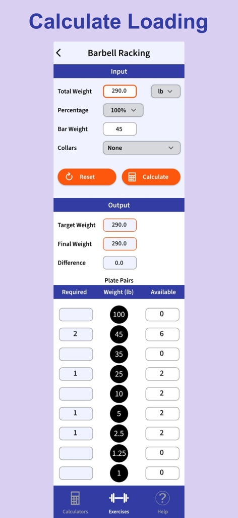 Screenshot of the Barbell Racking calculator in the ExRx.net Workout Tools app showing required weight plates for 290 lbs.
