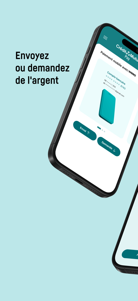 Interfaccia dell'app CIC Pay che mostra le opzioni per inviare o richiedere denaro su uno smartphone