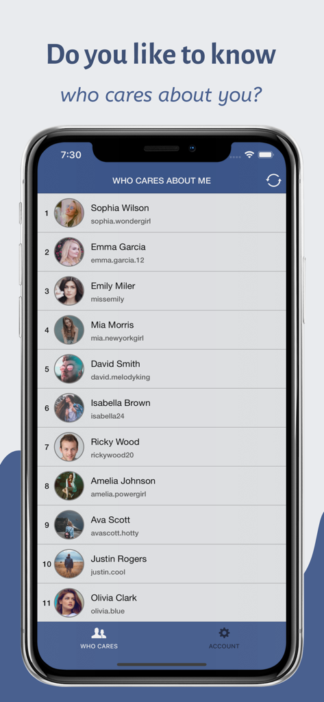 Social networking app showing a ranked list of friends who interact with the user profile