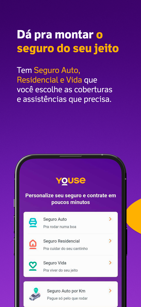 Youse Seguros app interface displaying auto residential and life insurance customization options