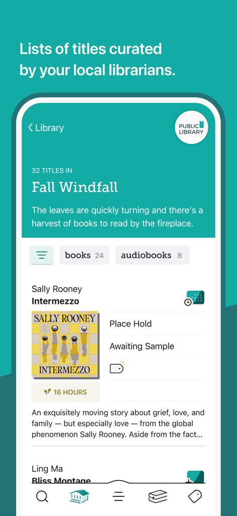 Libby app screen showing curated book titles from a local library.