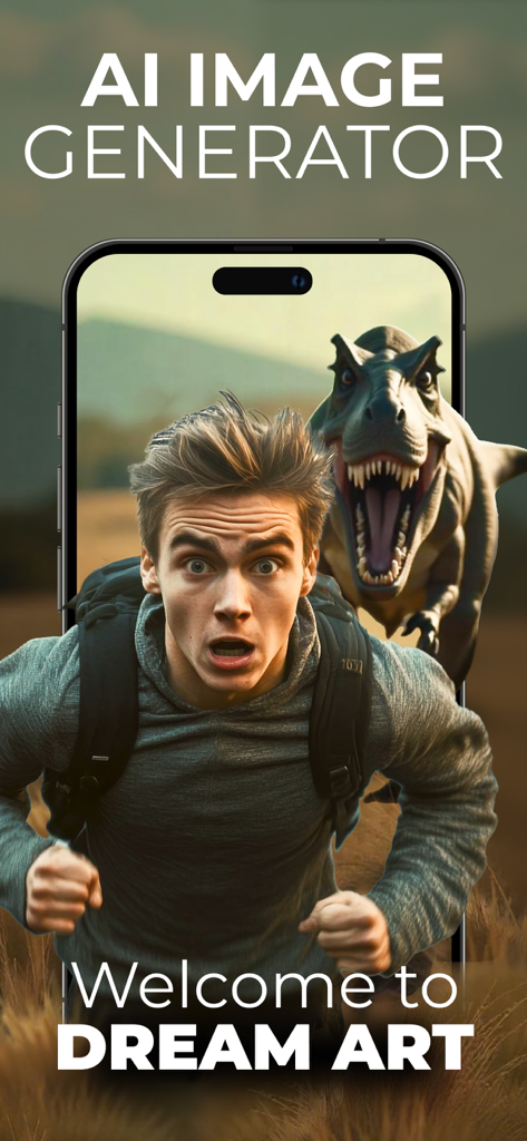 A smartphone screen from the Dream Art app showing an AI generated image of a man running away from a T-Rex dinosaur.