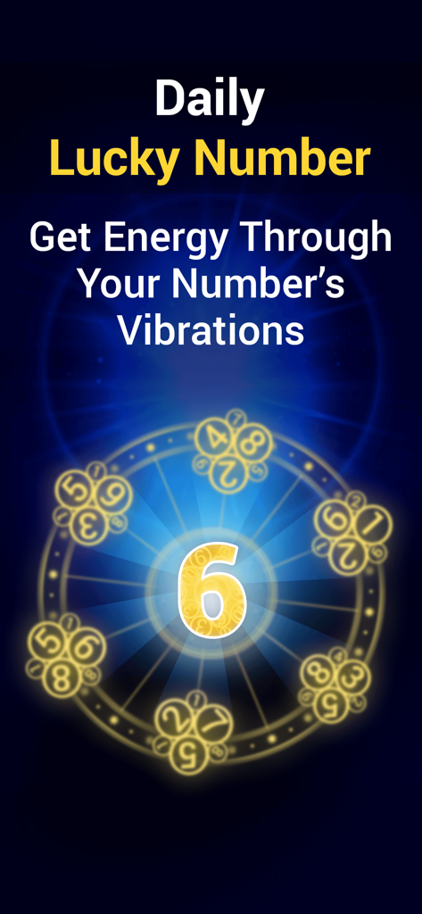 Numerology - Numbers & You - Una interfaz digital de la aplicación Numerología que muestra el número de la suerte diario 6 dentro de una rueda celestial dorada y brillante.