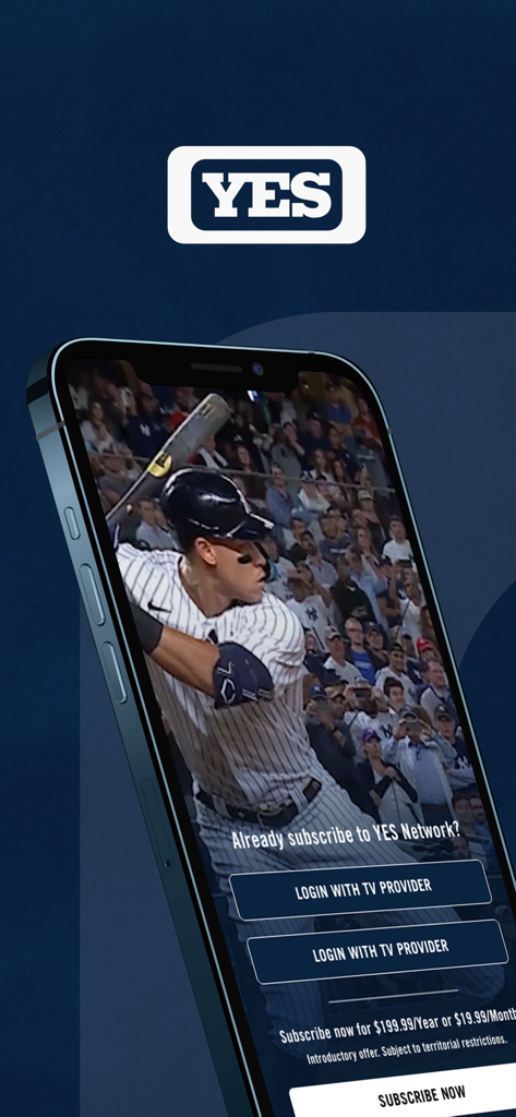 YES Network - YES Network app login and subscription screen featuring a New York Yankees player at bat on a smartphone