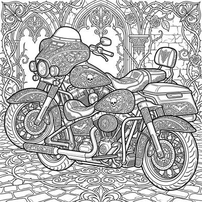 Dive into the dramatic world of Gothic artistry with this captivating touring motorcycle coloring page. Adorned with intricate patterns, skulls, and roses, it offers a truly unique and sophisticated coloring challenge.
