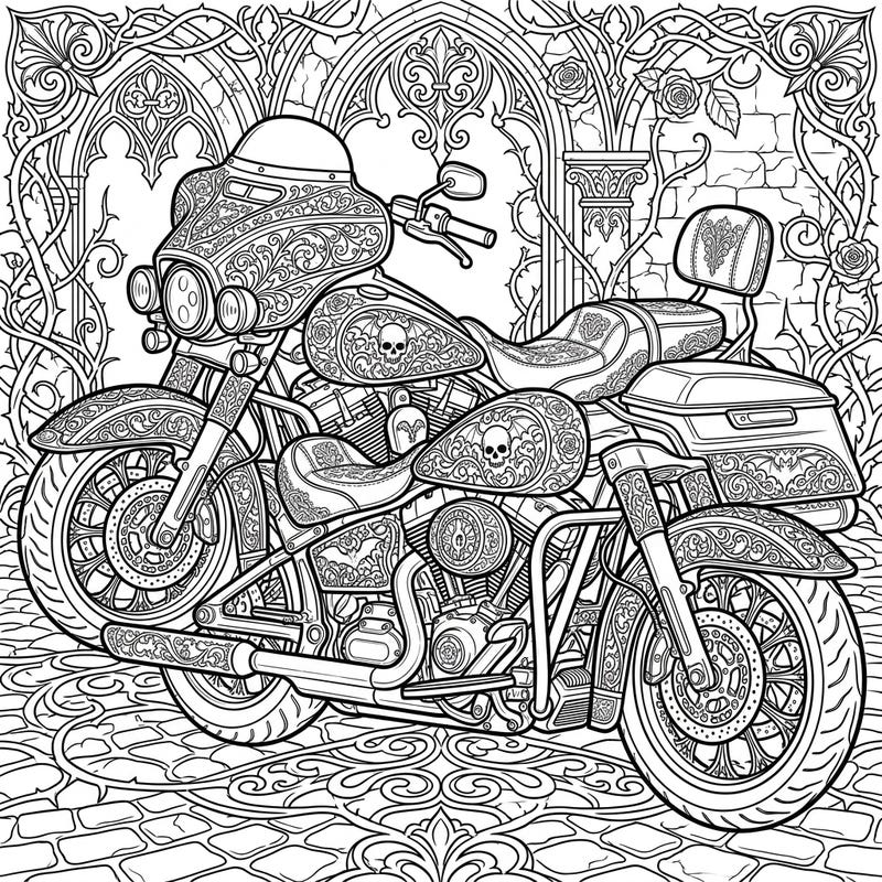 Dive into the dramatic world of Gothic artistry with this captivating touring motorcycle coloring page. Adorned with intricate patterns, skulls, and roses, it offers a truly unique and sophisticated coloring challenge.