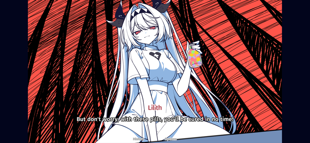 The NOexistenceN of you AND me - ゲーム「君と僕の「無」」で、リリスがカラフルなピルが入った瓶を持っている。