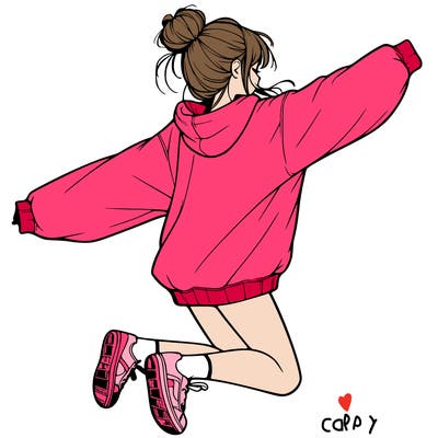 realistic girl jumping with a bun and oversized sweatshirt