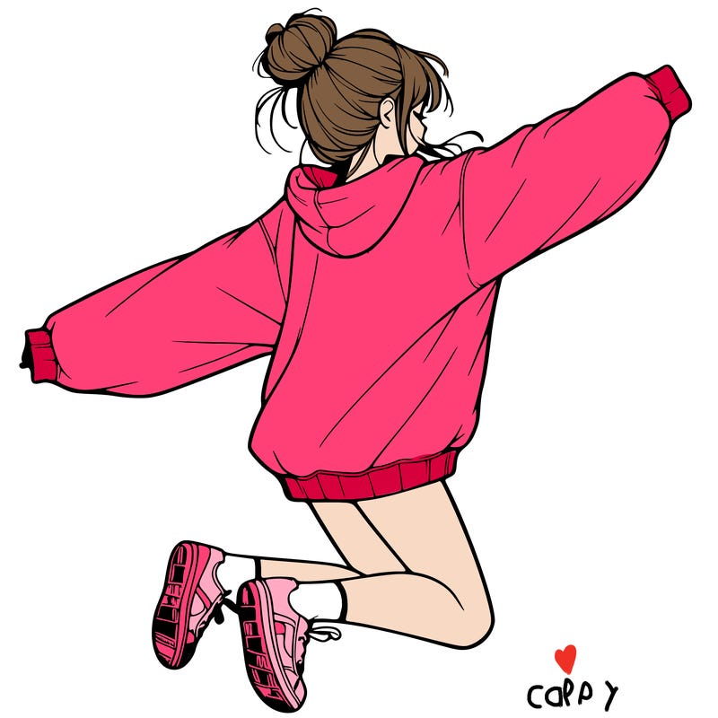 realistic girl jumping with a bun and oversized sweatshirt