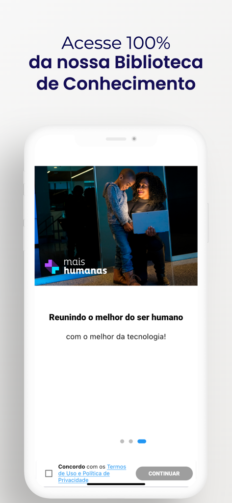 Écran d'intégration de l'application Mais Humanas présentant la bibliothèque de connaissances professionnelles.