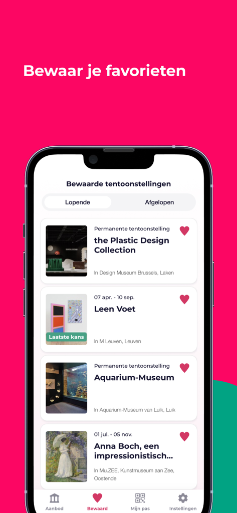 museumpas - Smartphone displaying a list of bookmarked museum exhibitions in the museumpas app interface.