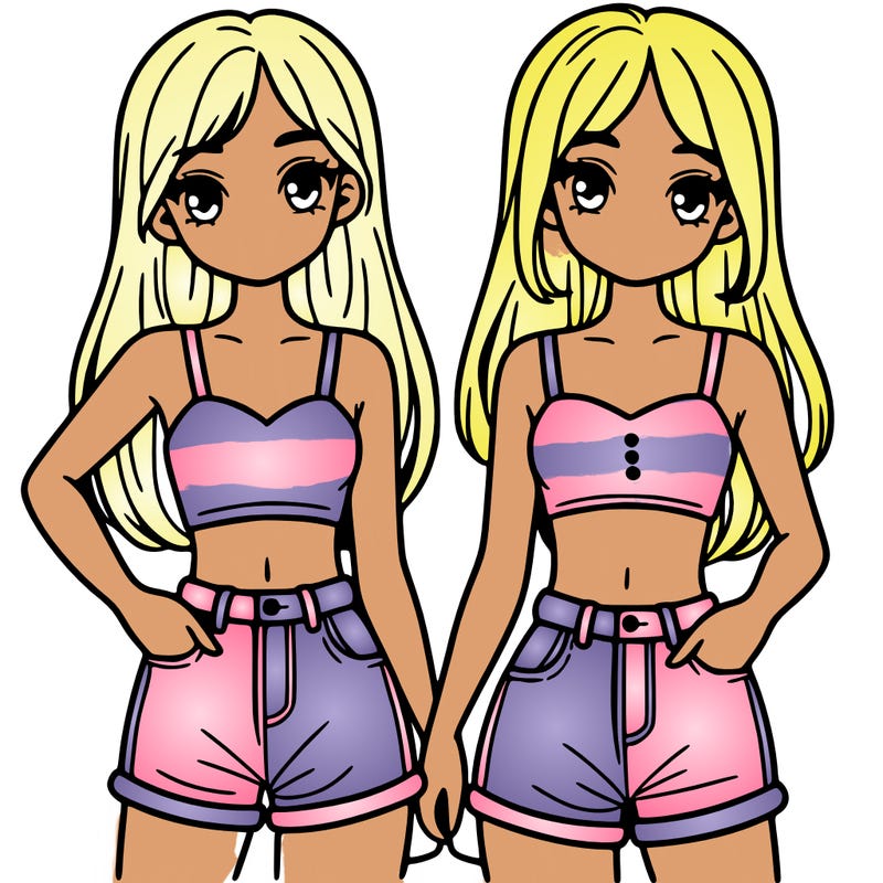 two sisters with crop tops and jean shorts and straight hair
