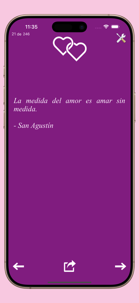 Frases de amor. - Frases de amorアプリのスクリーンショット。紫色の背景に聖アウグスティヌスによるロマンチックな引用が表示されています。