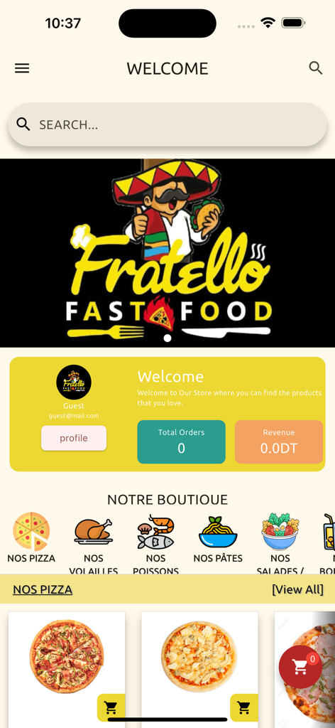 Fratello Fast Food - Fratello Fast Food mobile app home screen showing menu categories and pizzas
