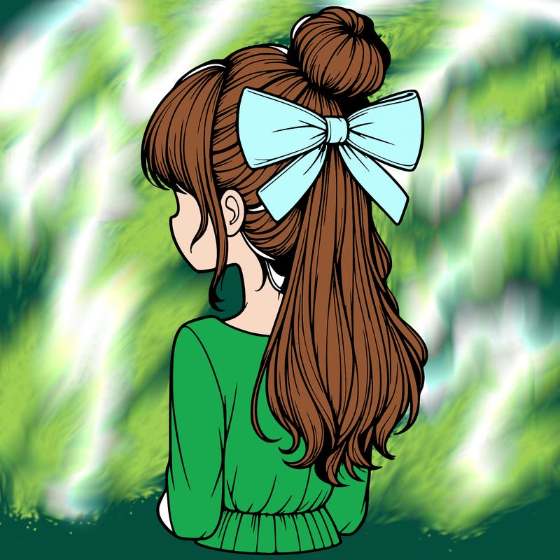 realistic girl  with hip length hair a bun and a big bow on the back of head