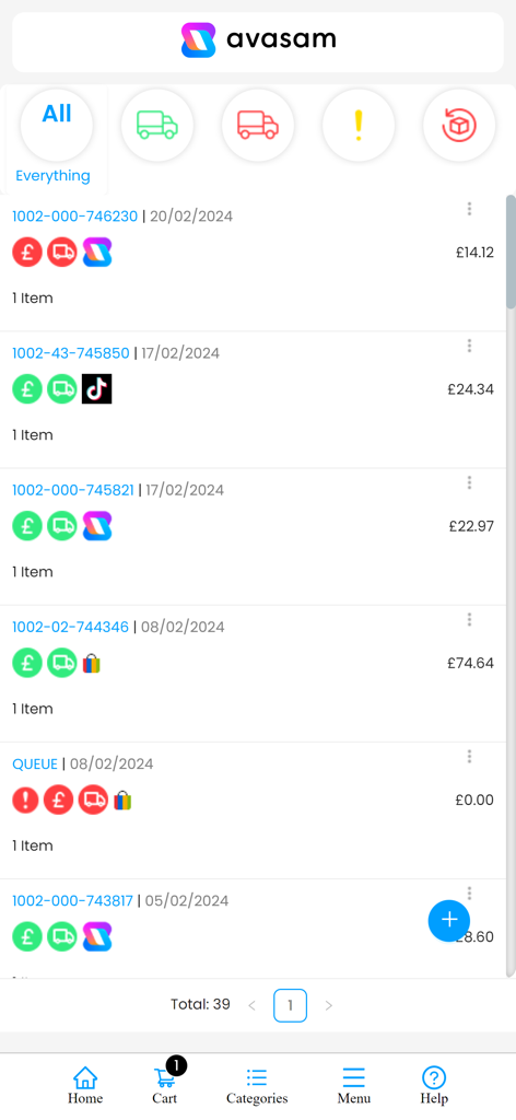Avasam Mobile App Dashboard mit einer Liste von E-Commerce-Bestellungen mit Status-Symbolen und Preisen