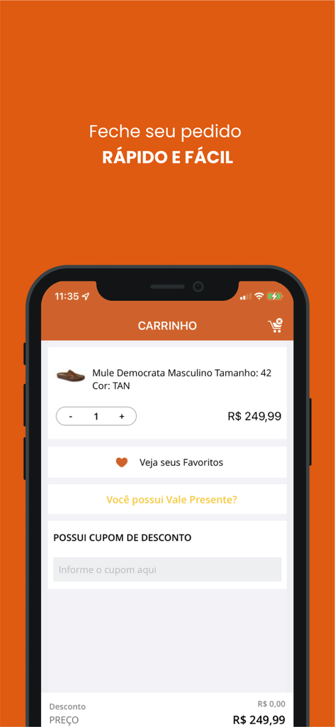 Sapataria Nova app shopping cart screen displaying a men's mule and quick checkout options on an orange background