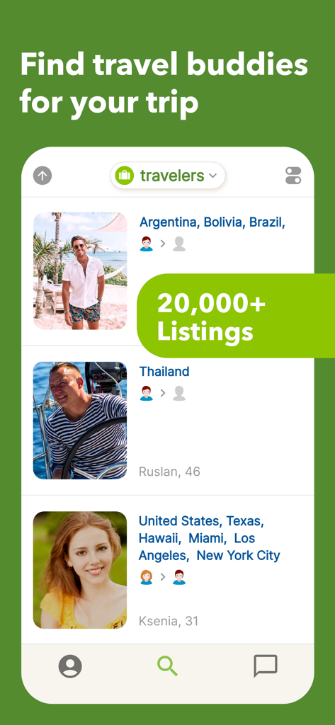 Mahnem - A mobile screen from the Mahnem app showing profiles of travel companions and their desired trip locations.