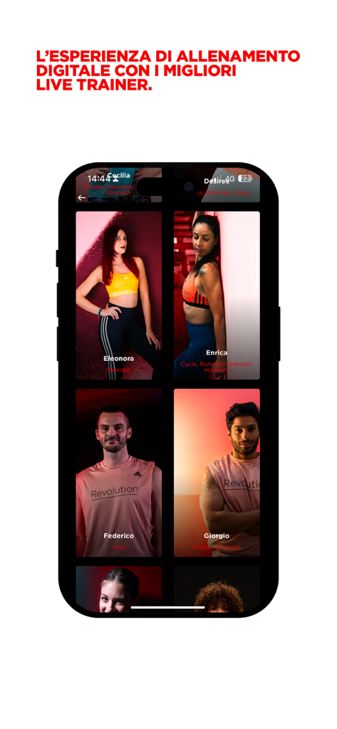 Virgin Active Revolution App-Bildschirm mit professionellen Fitnesstrainern für Krafttraining, Yoga und Radfahren