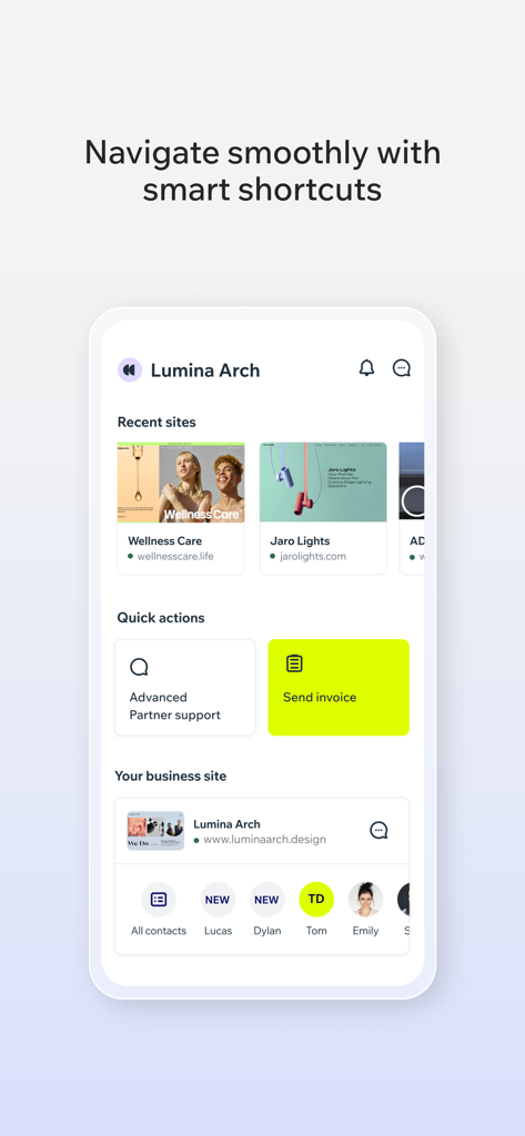 Wix Studio - Ein mobiles Dashboard der Wix Studio-App, das Website-Verwaltung, Schnellaktionen zum Senden von Rechnungen und Verknüpfungen für die Kontaktaufnahme mit dem Team anzeigt.