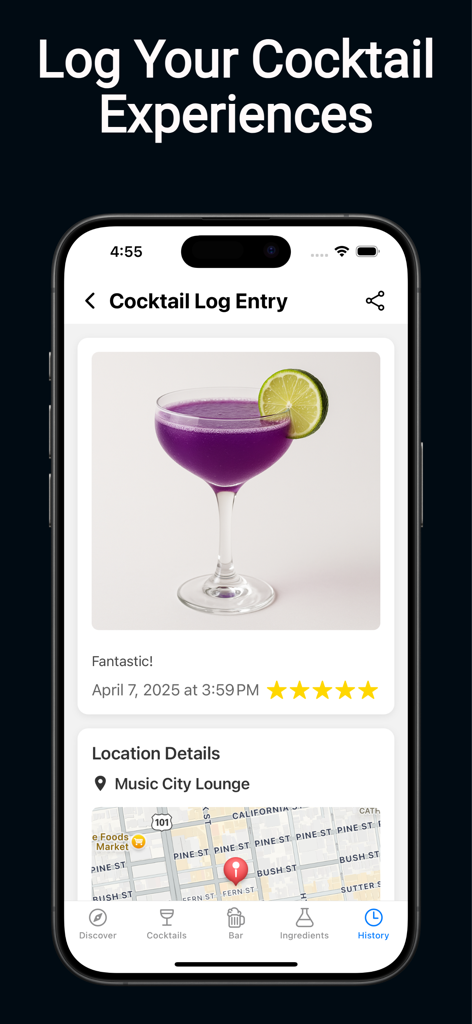 Mobile app interface showing a detailed cocktail log entry with a photo of a purple drink, five star rating, and location map.