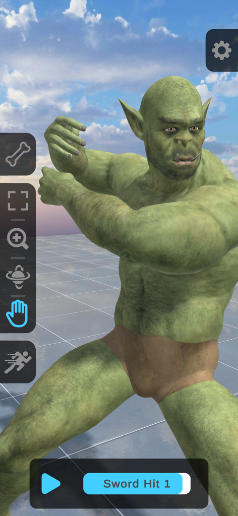 A 3D orc character model in a dynamic sword hit pose within the Pro Poser app interface.
