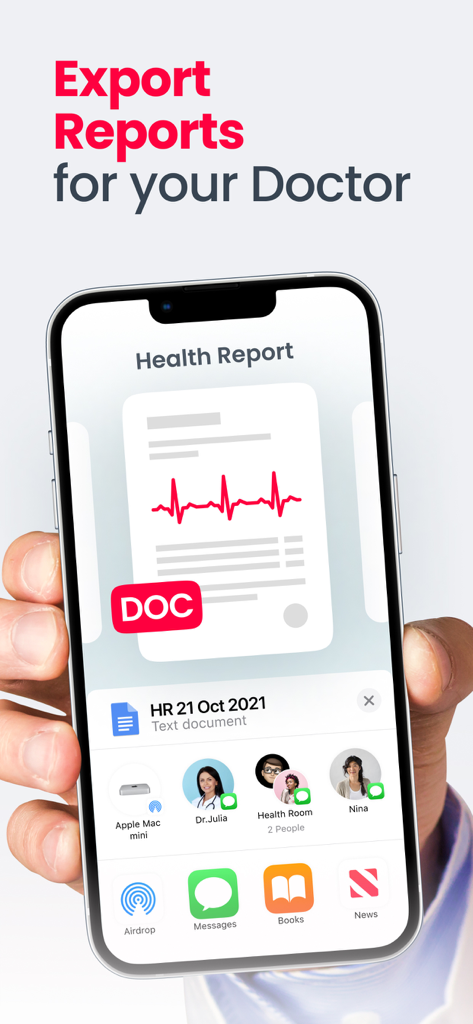 iPhone screen showing Heartify health report export feature to share medical data with a doctor