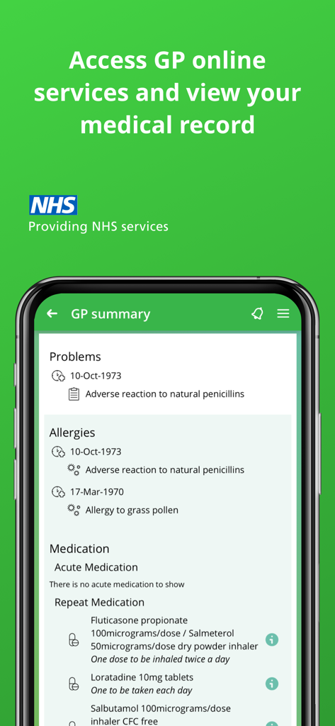 Evergreen Life PHR - Interface of Evergreen Life PHR app displaying a GP medical record summary with medical history, allergies, and repeat medications.