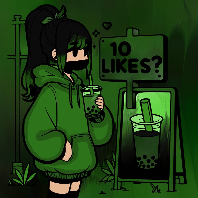 girl with oversized hoodie drinking boba and she has a high ponytail with a sign that says 10likes?