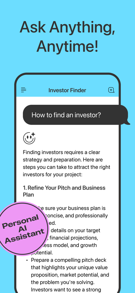 Yuna AI - Chatbot & Assistant - Yuna AI chatbot interface showing a response to a business query about finding investors.