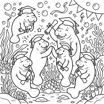 This heartwarming coloring page features a lively group of manatees celebrating their graduation day underwater, complete with caps, diplomas, and high-fives. It's a delightful way to mark academic milestones with an adorable marine twist, perfect for all ages.